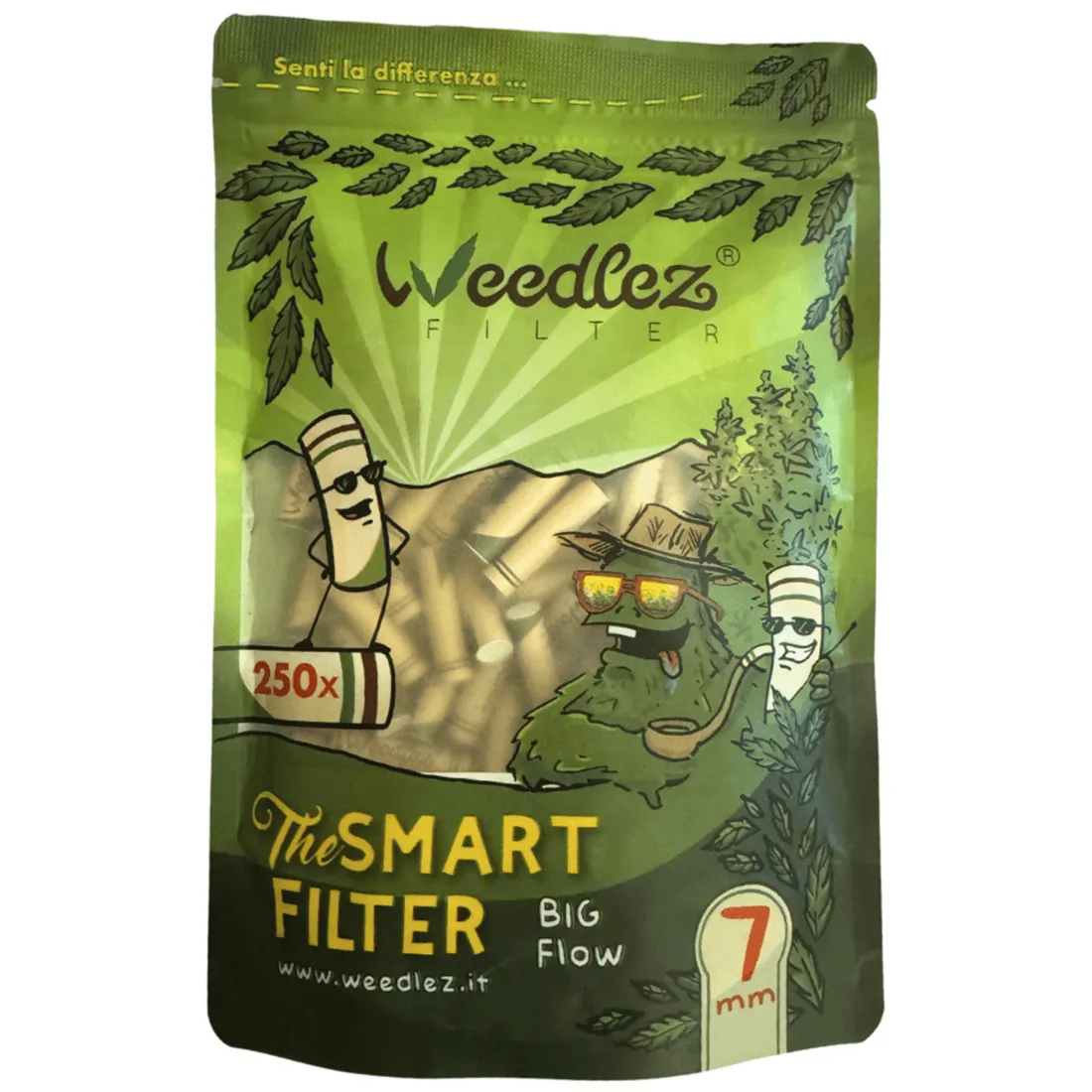 En pakke med 250 stykker rørpapir præsenteres i en gennemsigtig plastbeholder. Hvert rørpapir måler 7 mm i diameter og har en glat, hvid overflade. Beholderen har en sort låg med en let skruefunktion. På emballagens front er der et farverigt logo og tekst, der angiver produktets navn og mængde.
