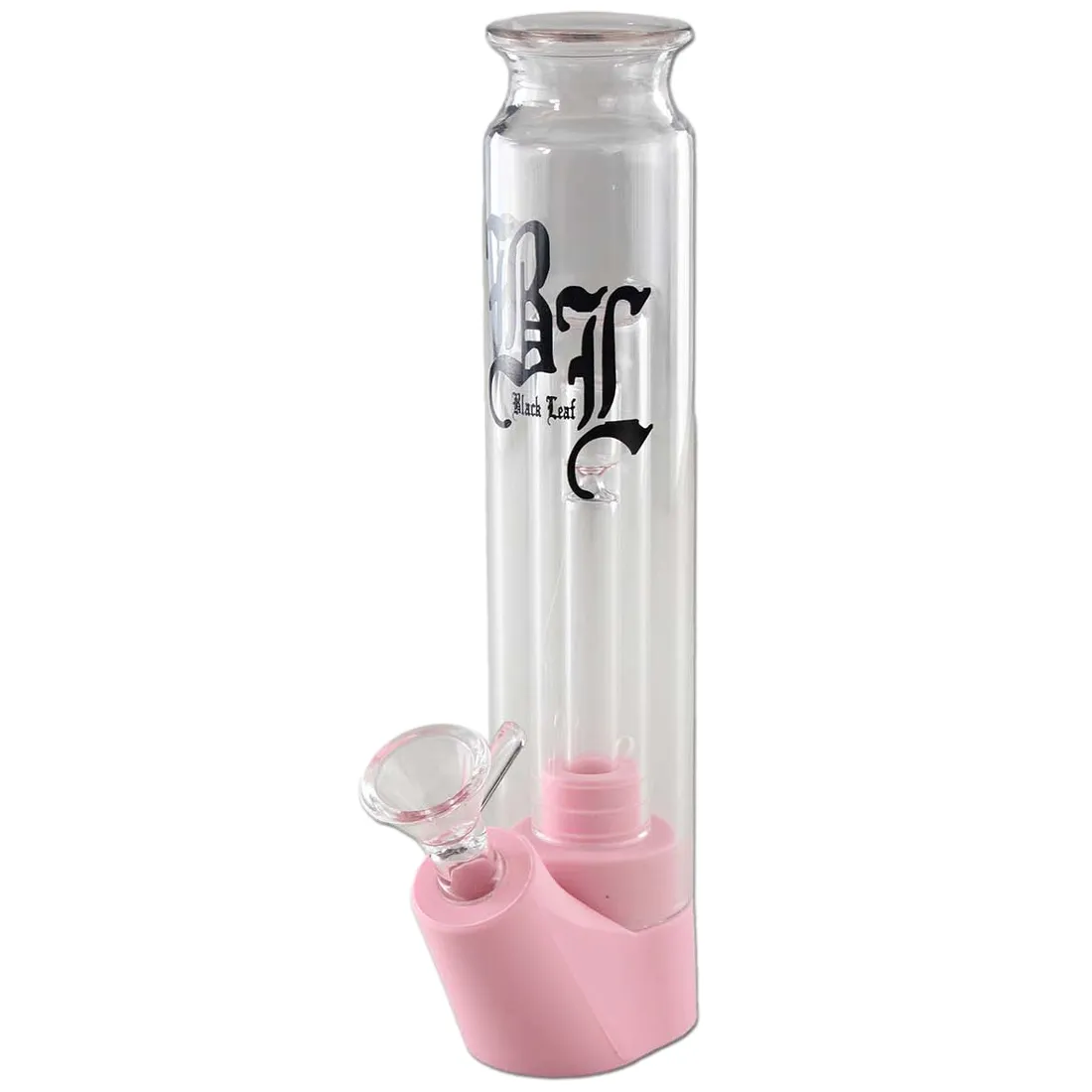 En sort glasbong i form af et fuglemotiv, prydet med detaljerede, lyserøde blade, der strækker sig fra bunden til toppen. Fuglen har en glat overflade med en blank finish, mens blade og detaljer tilføjer tekstur og farvekontrast. Bongen har en cylindrisk form og en krum hals, hvilket giver et elegant udtryk.