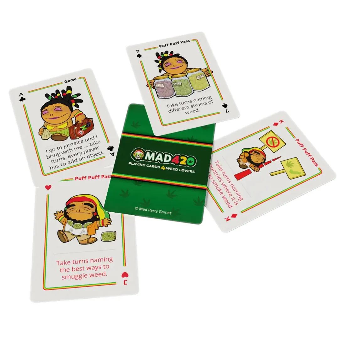 Kortspillet præsenterer sig med en række farverige kort, der er dekoreret med forskellige illustrationer og symboler. Hver korttype har unikke farver og mønstre, der skaber visuel variation. Kortene har afrundede hjørner og en glat overflade, hvilket giver en behagelig taktil oplevelse. En tydelig tekst i kontrasterende farver er placeret centralt på hvert kort.