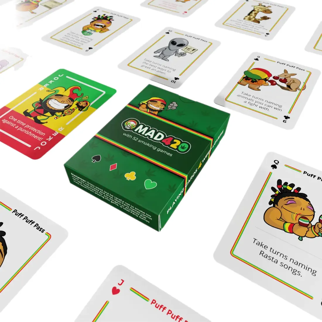 Spillekortene præsenterer sig med en farverig, illustreret overflade, hvor hver korttype har unikke symboler og farvekoder. Kortene er rektangulære med afrundede hjørner, og deres tekstur er glat. Farverne spænder fra lys blå til dyb rød, med forskellige mønstre og grafiske elementer, der skaber visuel variation.