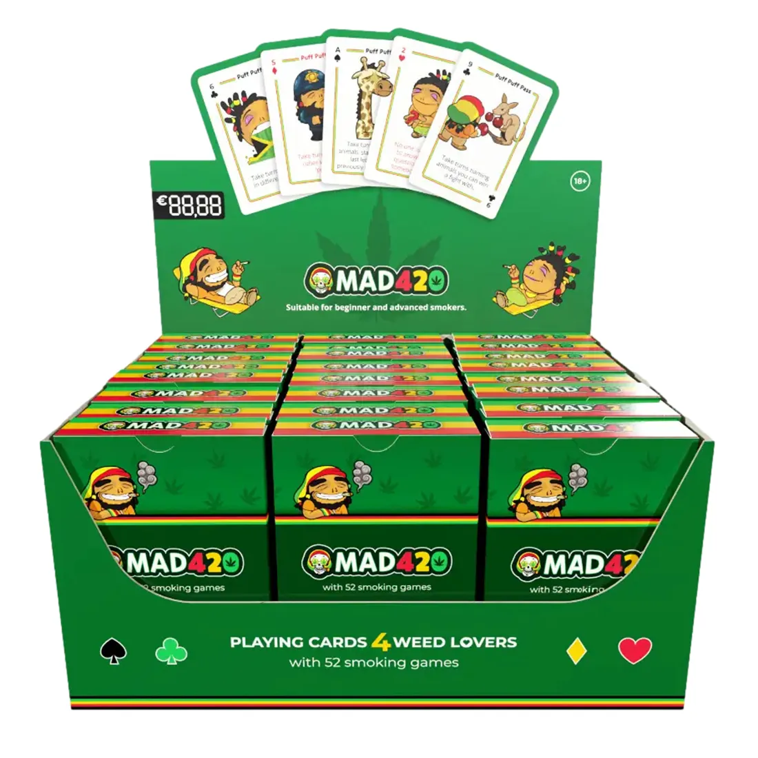 Kortspillet præsenterer et firkantet kort med en glat overflade. Baggrunden er farverig med nuancer af blå, grøn og orange, der danner et dynamisk mønster. I midten ses en grafisk illustration af en madvare, omgivet af en ramme med dekorative elementer. Teksten er placeret øverst og nederst, tydelig med kontrasterende farver for bedre læsbarhed.