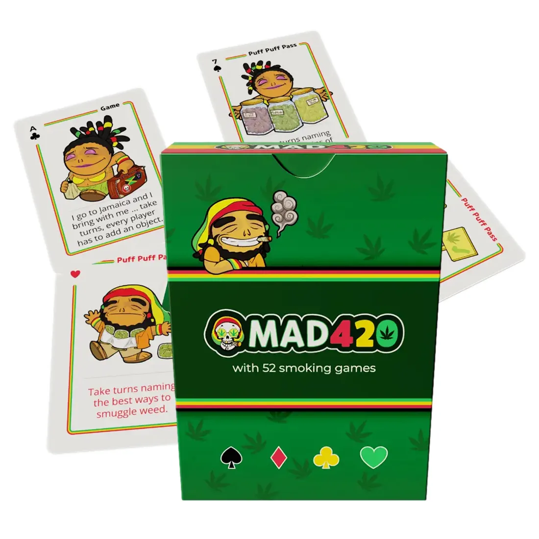 Kortspillet er prydet med farverige illustrationer af forskellige madvarer, herunder frugter, grøntsager og snacks. Hver kort har unikke, levende farver og detaljerede mønstre. Kanten af kortene er afrundede, og de er fremstillet af glat, holdbart papir. Spillet indeholder også en tydelig logo placering i et hjørne, hvilket tilføjer til det visuelle udtryk.