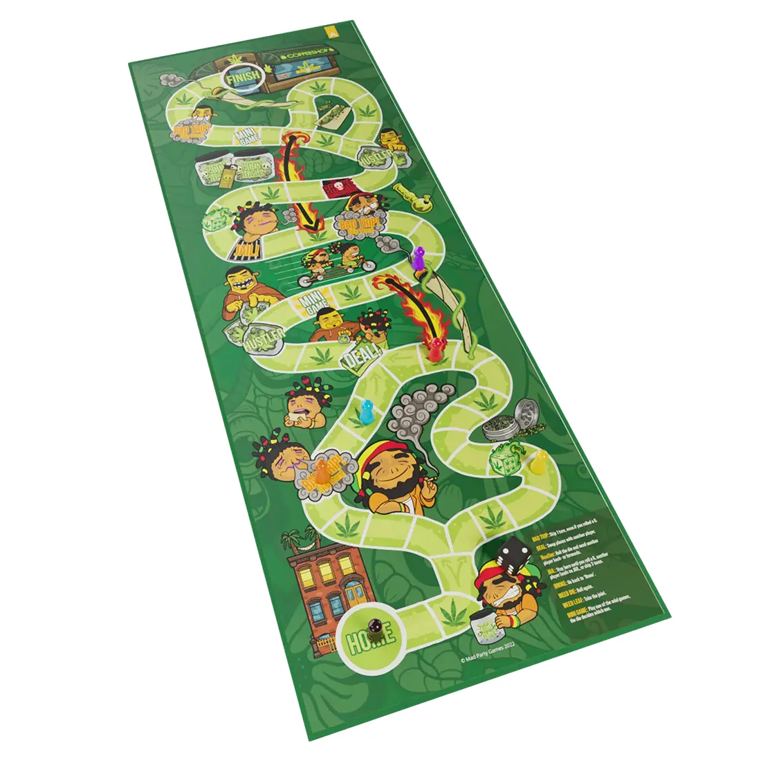 Brætspillet præsenterer en farverig spilæske med en dominerende grøn nuance, der symboliserer cannabis. Æsken prydes af grafiske illustrationer af cannabisblade og festlige elementer. Spillets navn er tydeligt trykt i store, legende bogstaver. Indholdet omfatter spillebrikker og kort med forskellige illustrationer og teksturer, der bidrager til den livlige og festlige atmosfære.