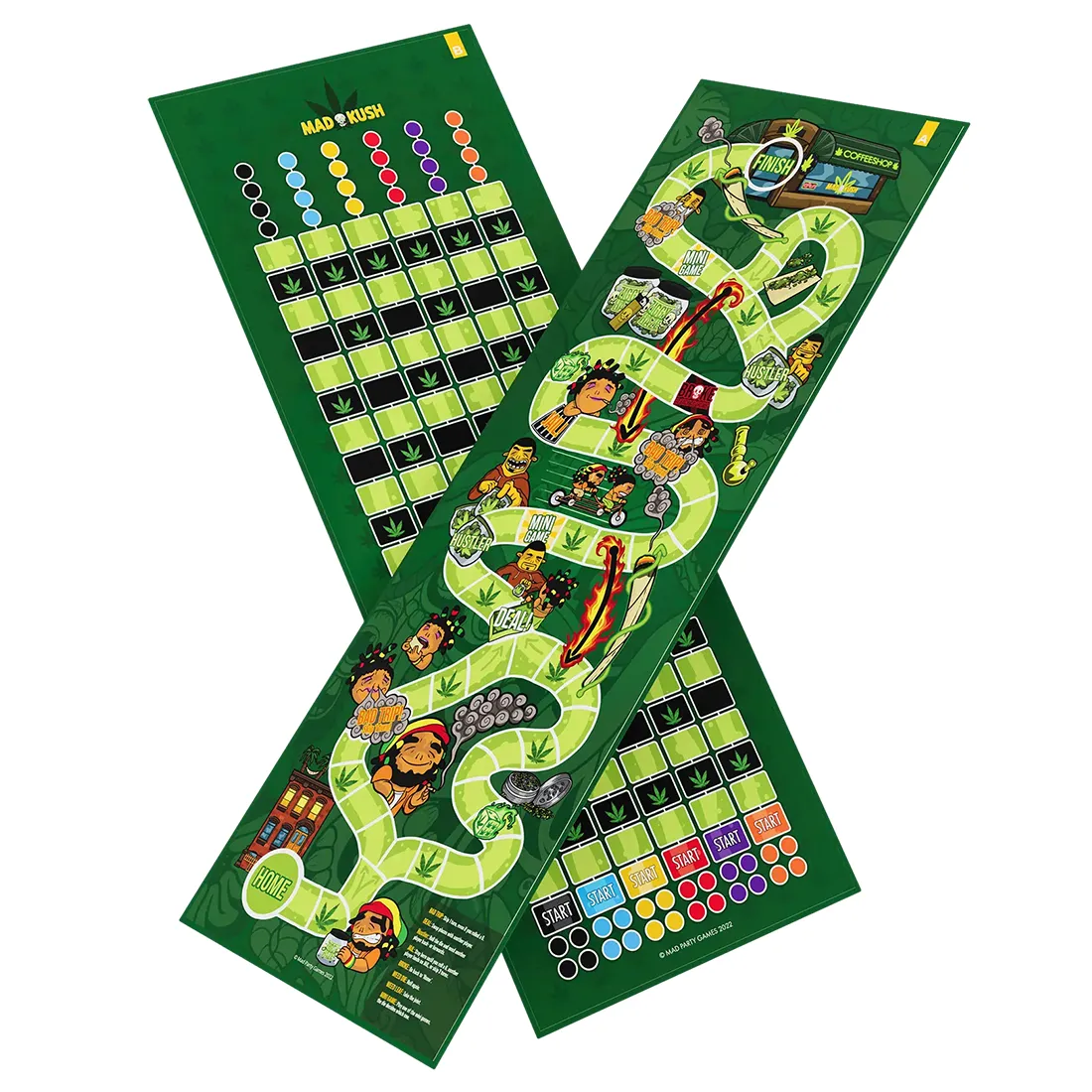 Et brætspil præsenterer en farverig spilleplade med en række forskellige sektioner og illustrationer. Spillepladen er domineret af nuancer af grøn, gul og rød, med grafiske elementer, der viser cannabis-blade og festlige symboler. Der er også markerede felter til terninger og brikker, samt tydelige spilleinstruktioner i hvid tekst. Materialet synes at være pap med en glat overflade.