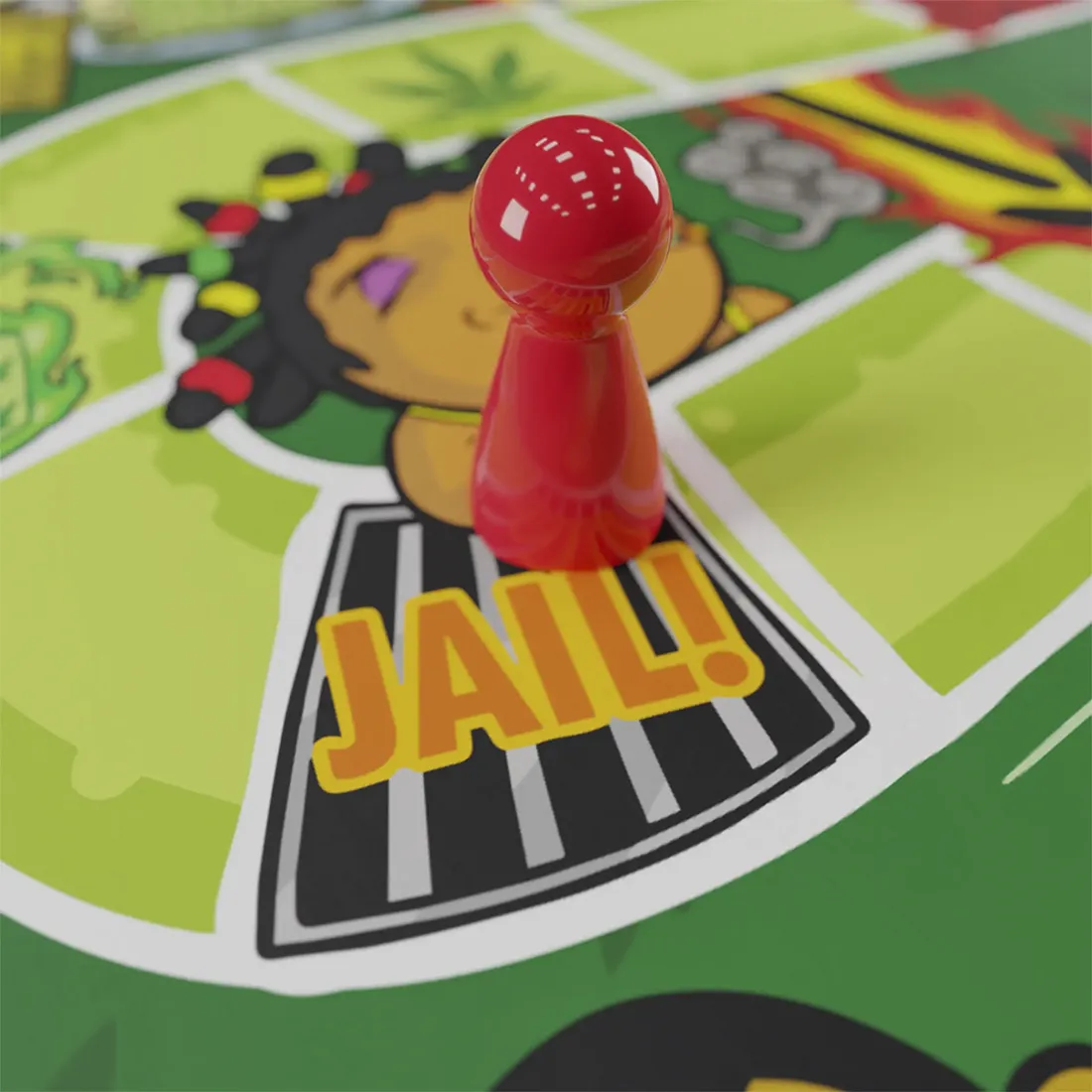 Et brætspil præsenteres med en farverig spilleplade, der domineres af grønne og brune nuancer, der minder om cannabisblade. Spillebrikkerne har forskellige former og farver, mens terningerne er gennemsigtige med tydelige tal. Mønstrene på spillepladen inkluderer symboler og illustrationer relateret til fest og underholdning. Spillet er prydet med en sjov og legende typografi.