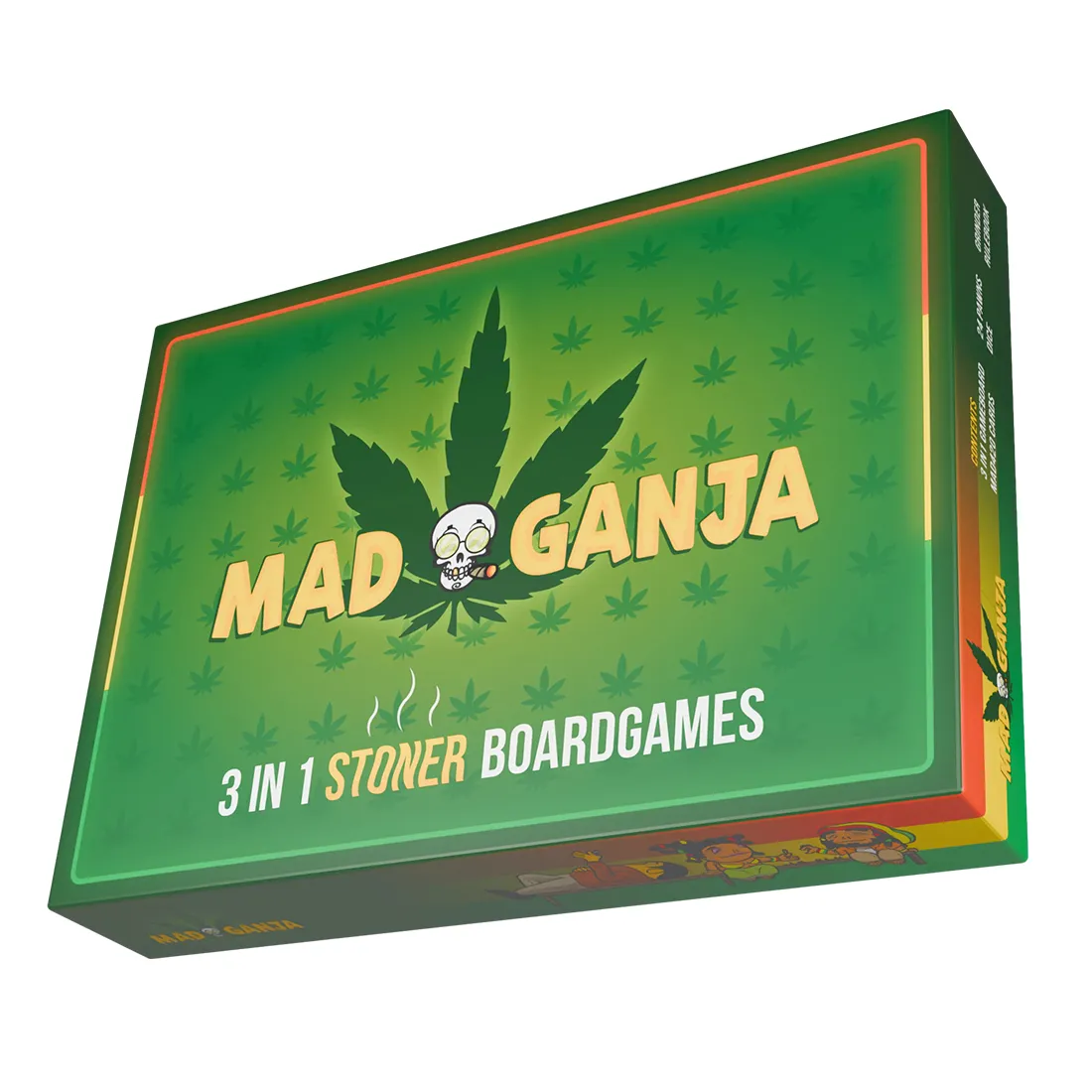 Et brætspil præsenteres med et farverigt design, hvor grønne og gyldne nuancer dominerer. Spillets kasse er rektangulær med en glat overflade og tydelig grafik, der omfatter symboler relateret til cannabis. Indholdet inkluderer kort med forskellige illustrationer og tekst, samt terninger i klare farver. Elementerne er organiseret i kassen, hvilket giver et struktureret udseende.