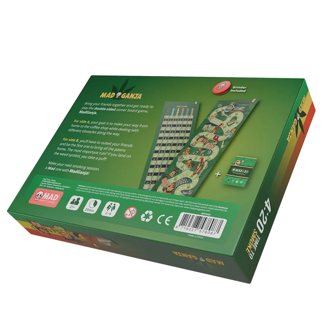 Et firkantet brætspil præsenteres med en farverig, illustreret overflade. Designet inkluderer forskellige sektioner med ikoner og symboler relateret til fest og cannabis. Spillebrikkerne er små og farverige, og terningerne har tydelige numre. Rammen omkring brættet er sort, hvilket skaber kontrast til de livlige farver i spillets illustrationer. Teksten fremstår i en sjov skrifttype.