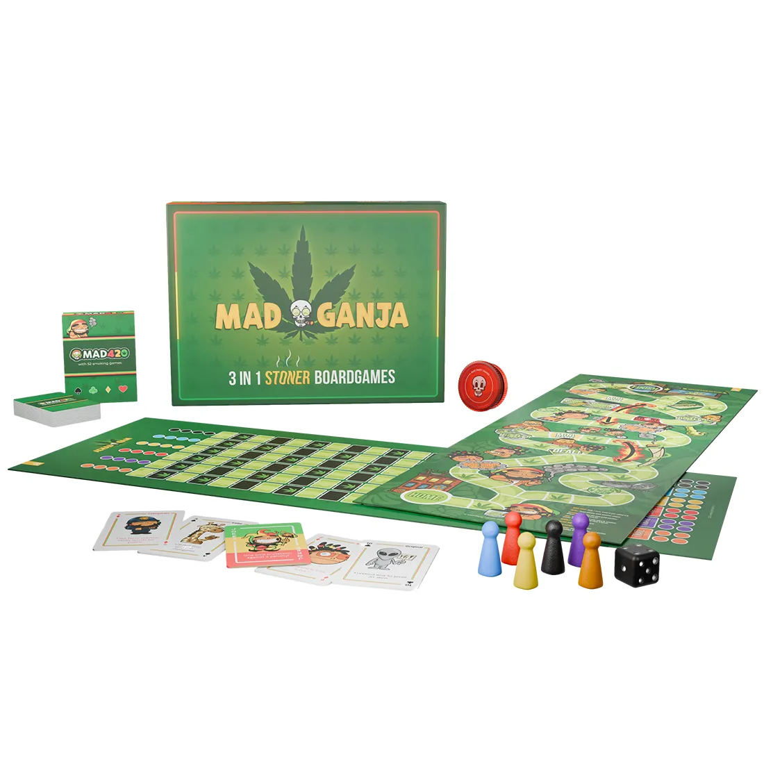 Brætspillet fremstår i farverige nuancer af grøn, rød og gul, med en illustreret spilleplade prydet af unikke ikoner og symboler relateret til cannabis. Spillebrikkerne har forskellige former og farver, mens terningerne er klare med farvede prikker. Spillets æske er prydet med grafik, der skaber en festlig og sjov atmosfære, hvilket tiltrækker opmærksomhed.