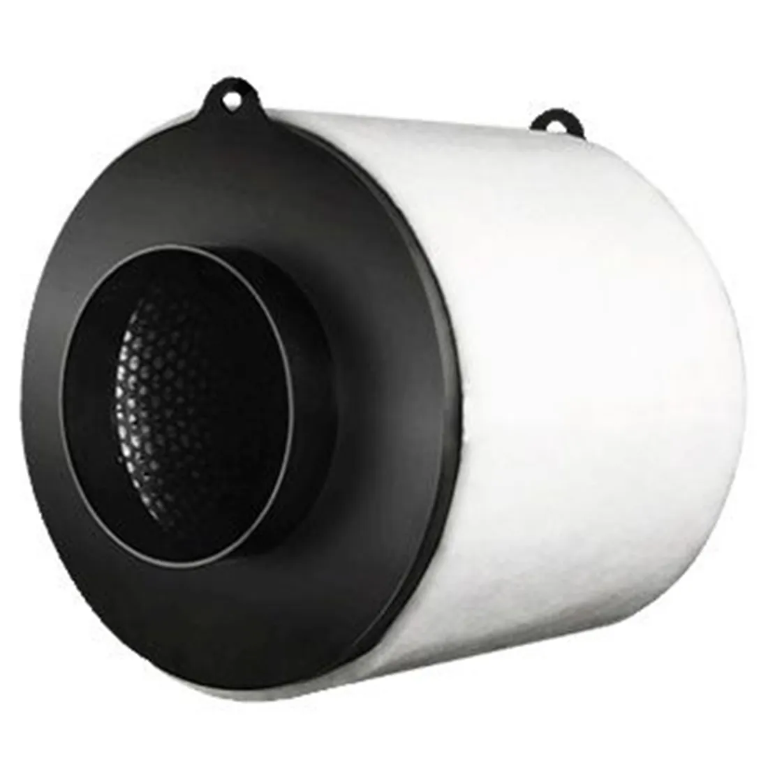 Garden HighPro - ProActive Kulfilter har en sort metalhætte, hvid ydre krop, honeycomb-mønstret inderside og to monteringskroge. Dets industrielle design gør det til et ideelt luftfilter til forskellige behov.