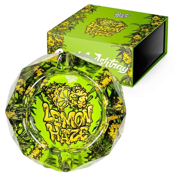 En krystal askebæger fremstår med en klar og glat overflade, der reflekterer lys på en elegant måde. Det har en rund form med en let hævet kant og en dybde, der skaber en praktisk plads til aske. Indvendigt er der en indgravering, der viser et grønt bladmotiv, hvilket tilføjer tekstur og visuel interesse. Farven er gennemsigtig med nuancer af lysegrøn.