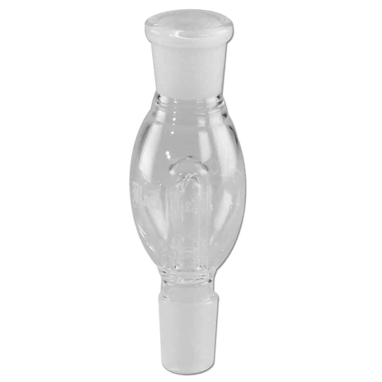 En sort adapter med en glat overflade og en let mat finish. Adapteren har en cylindrisk form med en flad base og en skrueåbning i midten. Der er et indgraveret mønster af blade, der giver et dekorativt element. Kanten er skarp, og materialet ser ud til at være plastik med en let skinnende refleksion.