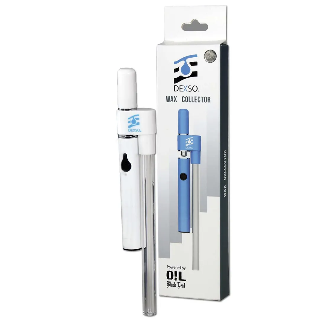 Wax collector i hvidt med en slank, cylindrisk form. Den har en glat overflade og en forkromet spids. En lille, bred munding er placeret i den ene ende, mens den modsatte ende har en knap til justering. Der er en subtil tekstur, der giver et godt greb. Farverne er primært hvide med metalrefleksioner.