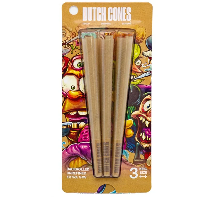 Tre ublegede king size cones præsenteres i en bue. Hver cone har en naturlig, lys beige farve med en let struktureret overflade, der giver et rustikt udseende. Enderne er åbne, mens den modsatte ende er lukket med en fin kant. Formen er konisk, og cones er ensartede i størrelse og form.