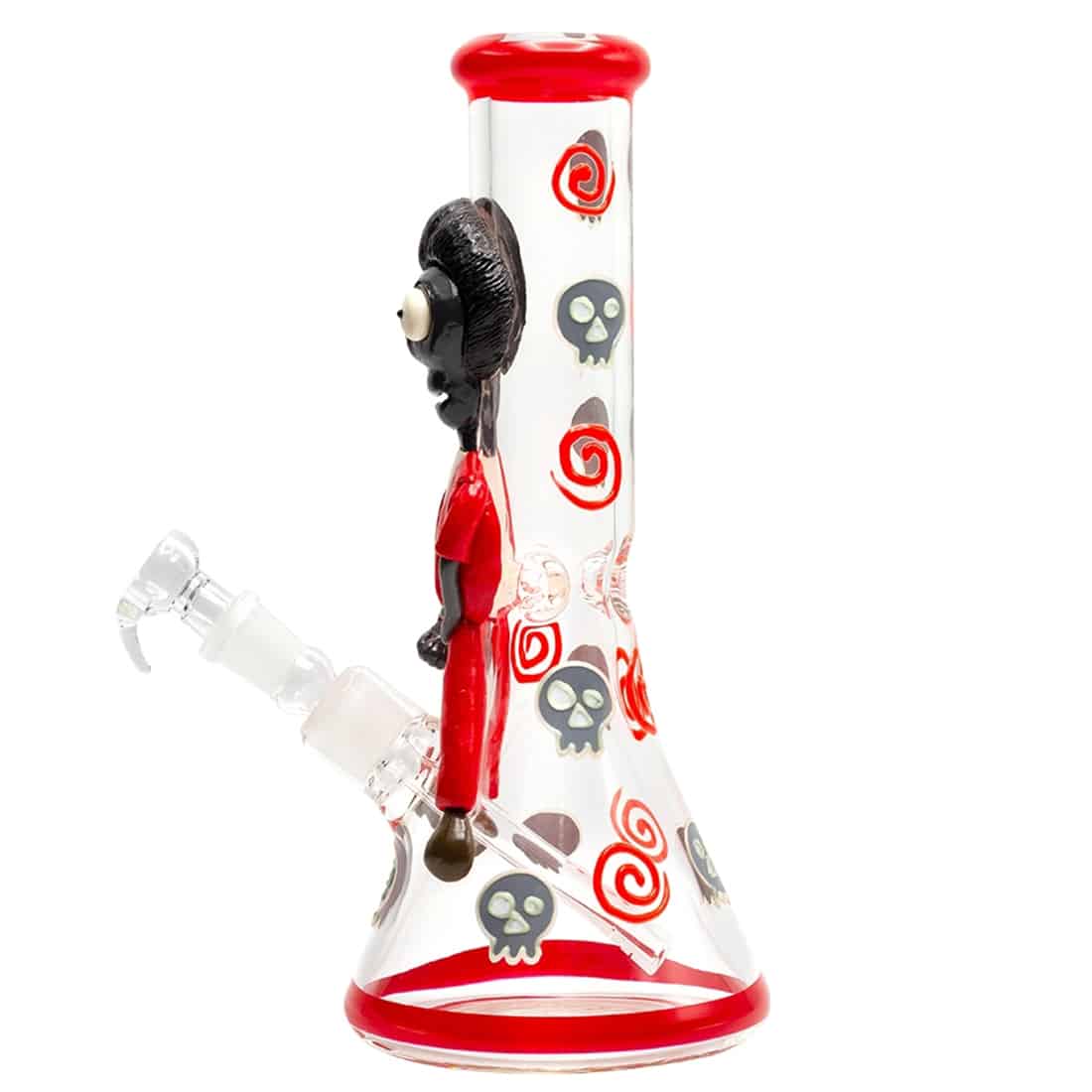 En gennemsigtig, glasklar beaker med en elegant, slank form står centralt. Den har en dekorativ, skeletlignende struktur indeni, der lyser op med en blød, grøn glød. Beakeren måler 32 cm i højden og har en lige kant øverst. Overfladen er glat og reflekterer lys, hvilket fremhæver de indviklede detaljer i skeletdesignet.