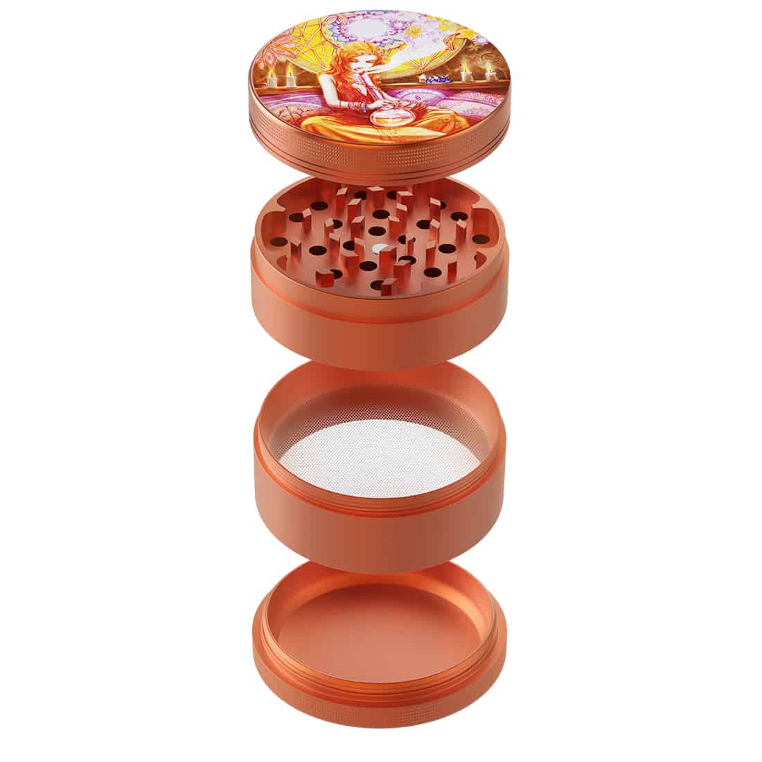 En rund, metalgrind med en diameter på 63 mm præsenterer sig i en mat sort finish. Overfladen har en let tekstur, der giver et robust udseende. Grindens kanter er glatte og præcise, og den er udstyret med en indvendig gevindjustering. Der er et logo indgraveret på siden, hvilket tilføjer et dekorativt element.