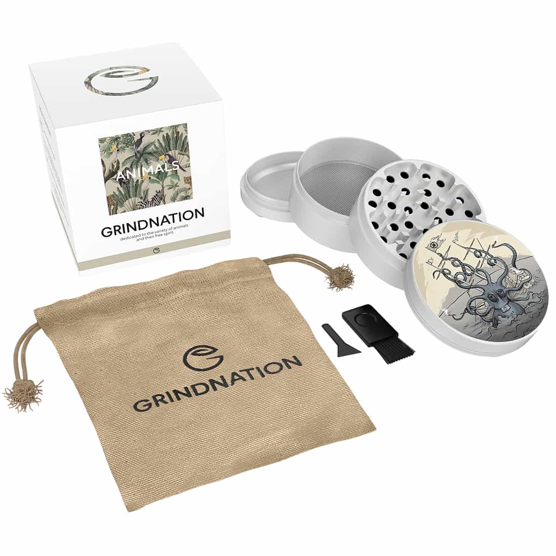 En rund, flad form med en glat, skinnende overflade prydet af et farverigt octopus-mønster i nuancer af blå, orange og pink. Mønstret omfavner det centrale område, mens kanten er tydeligt markeret. Der er en let transparent effekt, som giver dybde til designet. Det samlede udtryk fremstår livligt og iøjnefaldende.