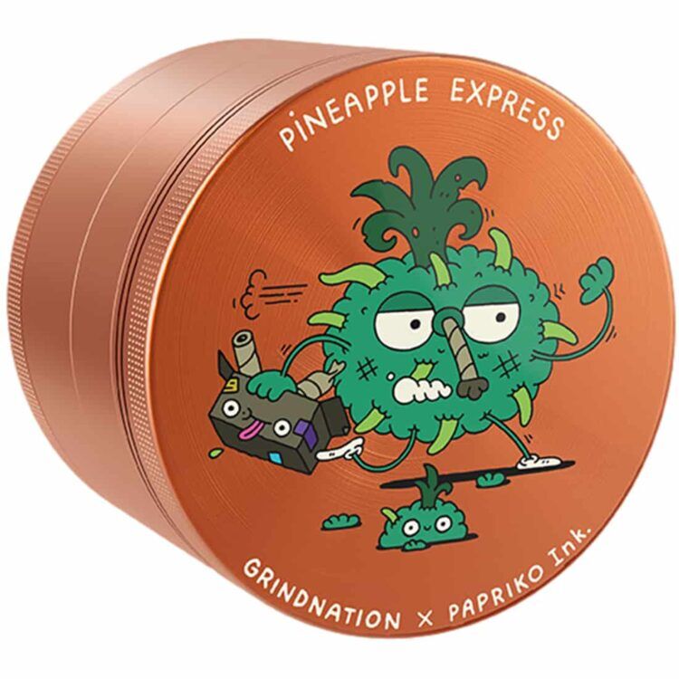 En rørformet genstand i klart plastik med en diameter på 63 mm. Overfladen prydes af et detaljeret, farverigt mønster med ananas- og blomstermotiver i nuancer af gult, grønt og orange. Røret har en skridsikker tekstur, og der er en tydelig, sort label med hvid tekst, der angiver produktnavnet. Kanten er glat og rundet.