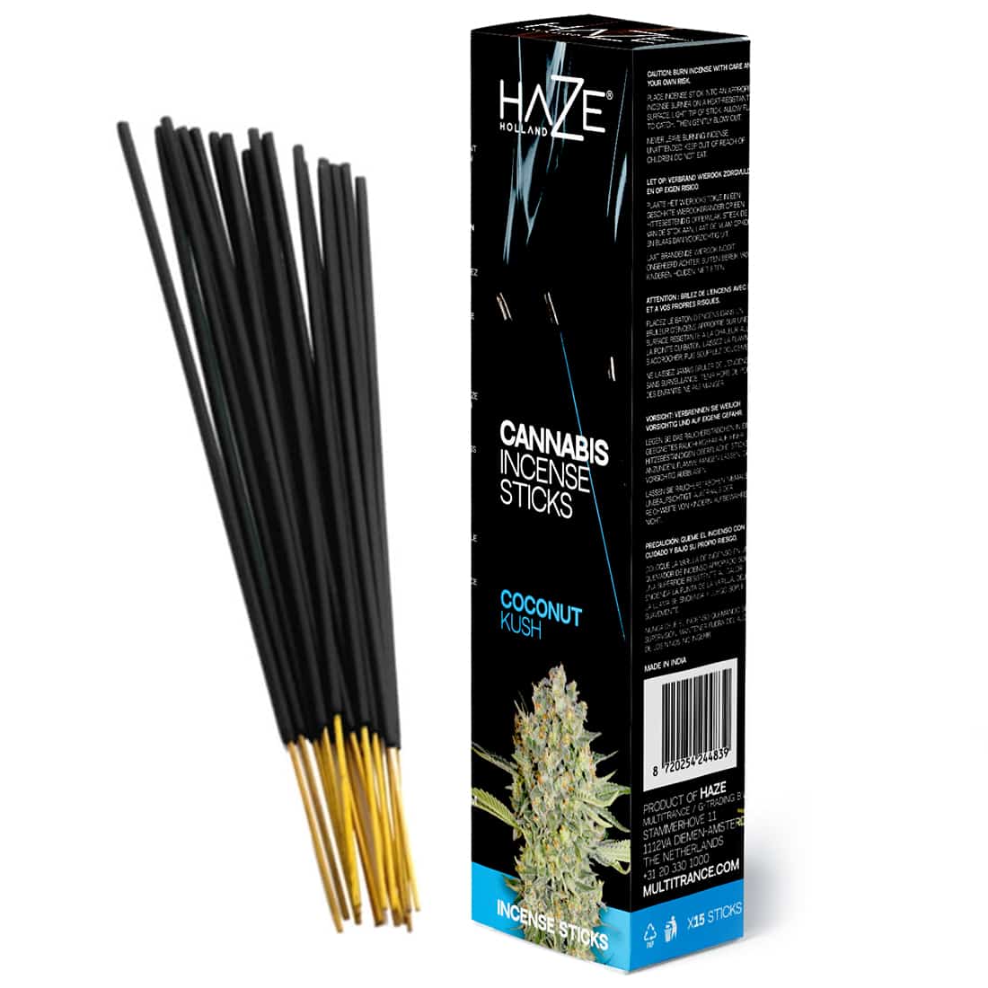 En rørformet beholder med en mørk, træagtig overflade prydet med et enkelt, stiliseret logo. Indholdet består af små, brune stykker, der ligner tørrede urter. Etiket med lys baggrund viser teksten "Coconut Kush" i en moderne skrifttype. Farverne er varme og enkle, hvilket giver en naturlig og organisk æstetik. Beholderens låg har en glat, rund form.