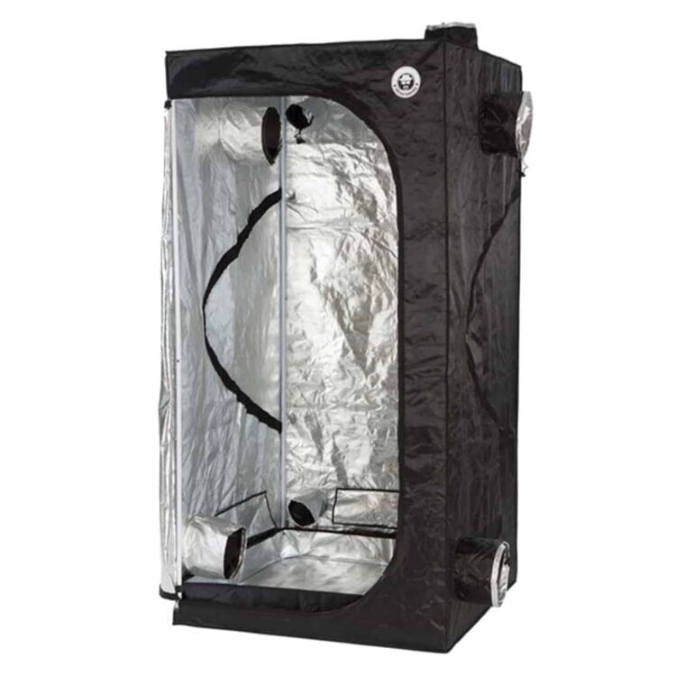 En firkantet væksttelt i sort nylon med dimensionerne 100 x 100 x 200 cm. Teltet har en rektangulær form med glatte sider og en lynlås foran. Indersiden er reflekterende, hvilket fremmer lysfordeling. Der er ventilationsåbninger i hjørnerne, og stænger af metal understøtter strukturen. Teltets overflade har en let glans og er vandafvisende.