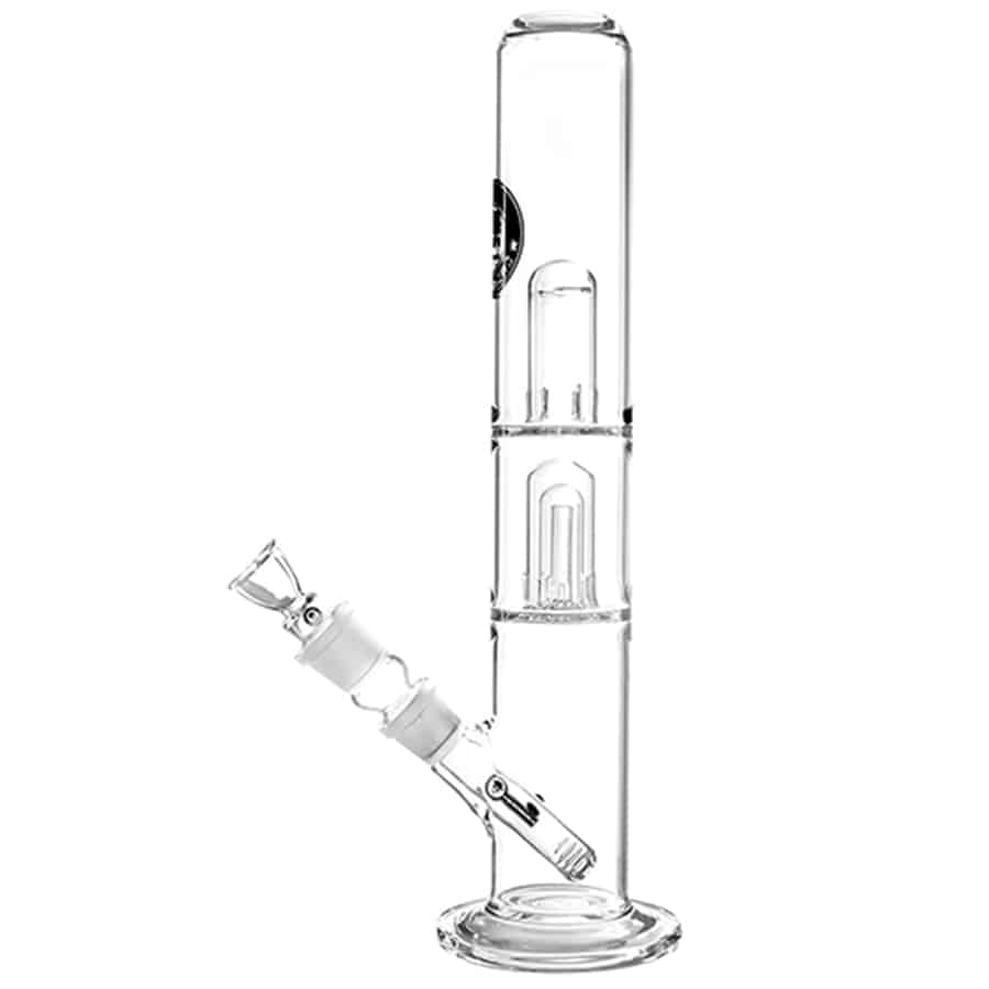 En stor, rund beholder med en gennemsigtig overflade pryder midten af beskrivelsen. Beholderen er lavet af klart glas og har en let riflet tekstur, der skaber et interessant lysrefleksion. Øverst findes en solid metalramme med en mat, sort finish. Rammen har en cirkulær åbning, der indrammer beholderens glas, hvilket skaber en elegant kontrast mellem materialerne.