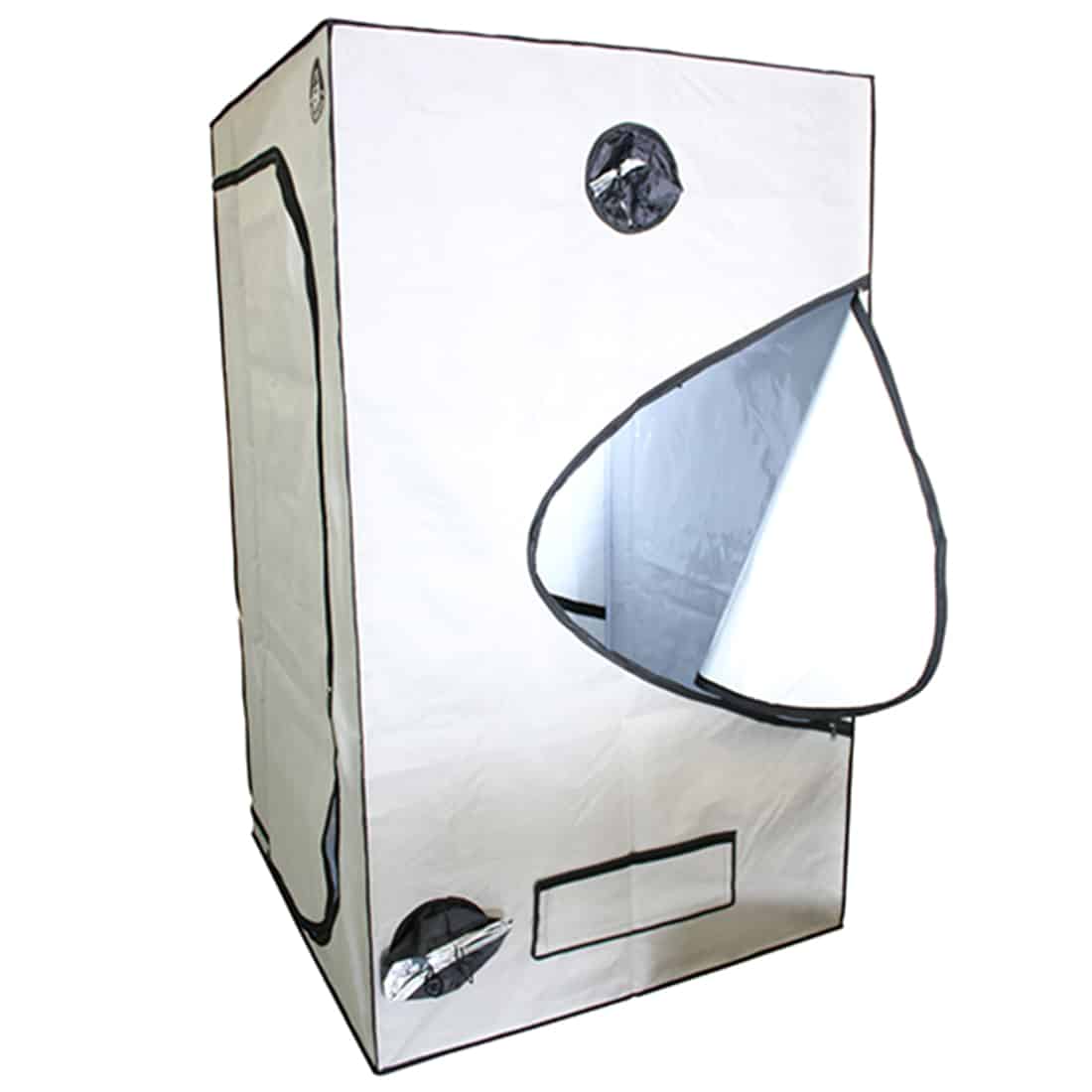 Et hvidt groteligt, måler 120 x 120 x 200 cm, præsenterer en rektangulær form med en spids top. Materialet ser ud til at være en kombination af stof og metal, med en glat overflade og synlige syninger. Indgangen er åben, hvilket giver et indblik i det indre rum. En simpel, men funktionel konstruktion uden synlige dekorationer.