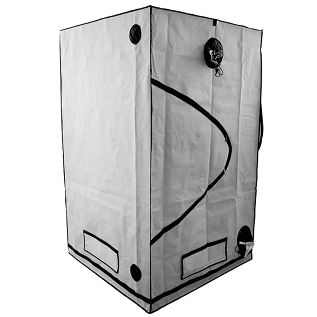 Et hvidt grotelte med dimensionerne 120 x 120 x 200 cm præsenterer sig med en enkel, firkantet form. Teltet har en glat, ensfarvet overflade uden mønstre, hvilket giver et minimalistisk udtryk. Taget er let hævet i midten og danner en spids. Teltets kanter er syet med en stærk, synlig tråd, og indgangen er åbnet, hvilket skaber en indbydende åbning.