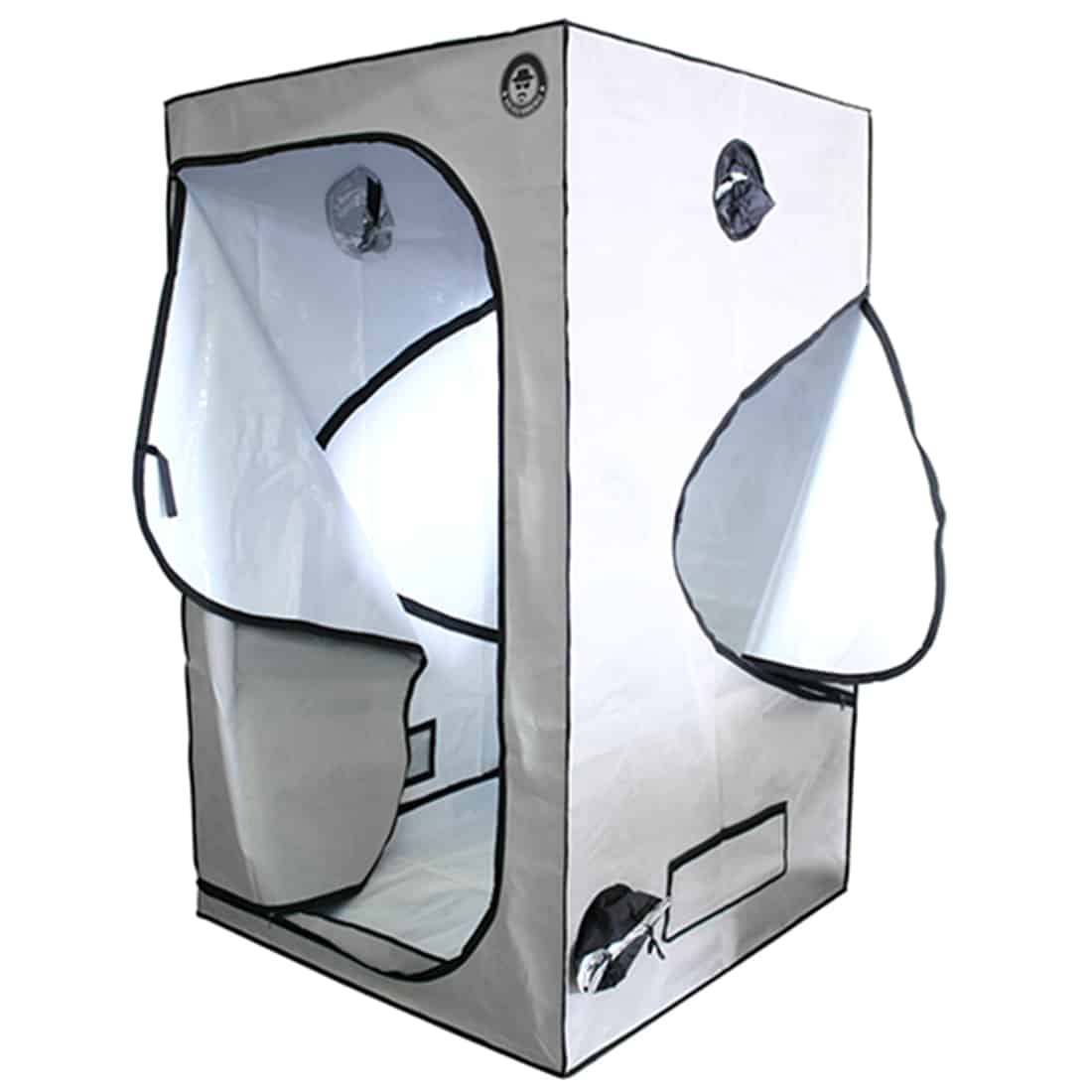 Et hvidt grotel tent med mål på 120 x 120 x 200 cm præsenterer sig med en enkel, firkantet form. Teltet har en glat, mat overflade og er fremstillet af slidstærkt materiale. Taget er spidst, hvilket giver en klassisk teltdesign. Teltets indgang er dækket af en lynlås, og der er luftventiler for optimal ventilation.