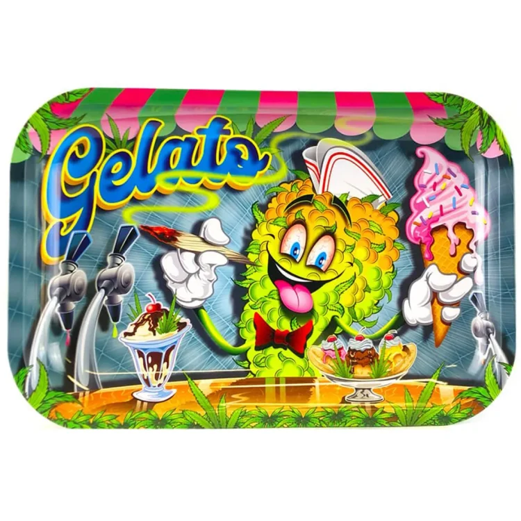 En rektangulær metalbakke prydet med et farverigt mønster. Baggrunden viser nuancer af lysegrøn og hvid, mens der er indtryk af honning- og is-relaterede elementer i orange, guld og lyserøde toner. Kanten er let buet, og overfladen har en glat, skinnende finish, der reflekterer lys og tilføjer dybde til designet. Målene er 275 x 175 mm.