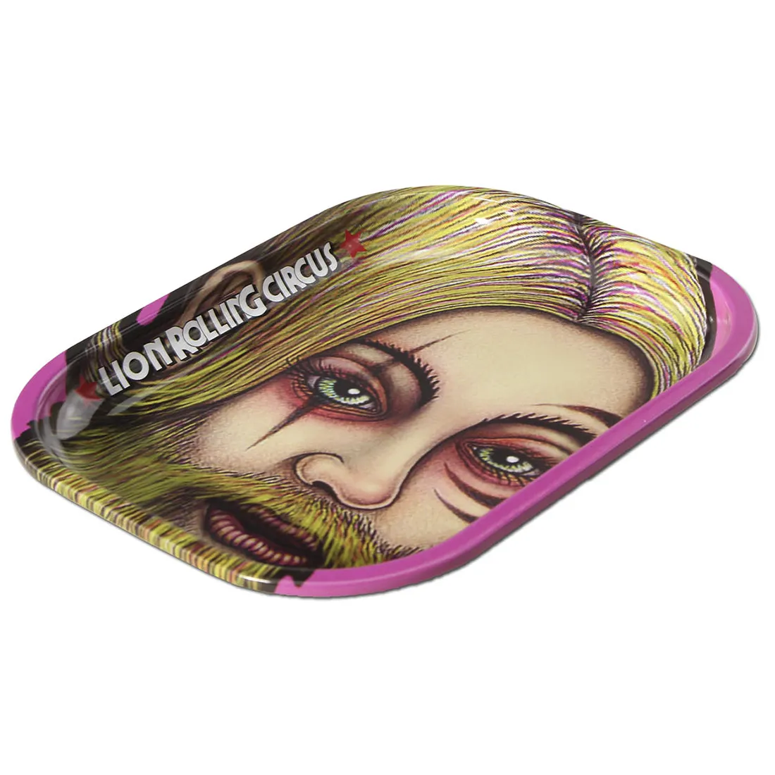 Serveringsbakken har en rektangulær form med mål på 180 x 140 mm. Overfladen prydes af et farverigt mønster med abstrakte former og dyremotiver. Farverne spænder fra dybe nuancer af grøn og blå til varme røde og gule toner. Materialet ser ud til at være en glat, robust plast, der reflekterer lys og skaber en livlig visuel effekt.