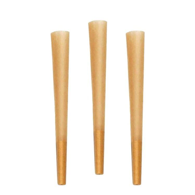 Tre løse brune kegler præsenteres i en naturlig farveskala, der spænder fra lys beige til mørkebrun. Keglerne har en glat, mat overflade med fine, uregelmæssige teksturer og et let konisk design. De varierer i størrelse, hvilket skaber en dynamisk komposition. Keglerne står tæt, hvilket fremhæver deres ensartede form og nuancer.