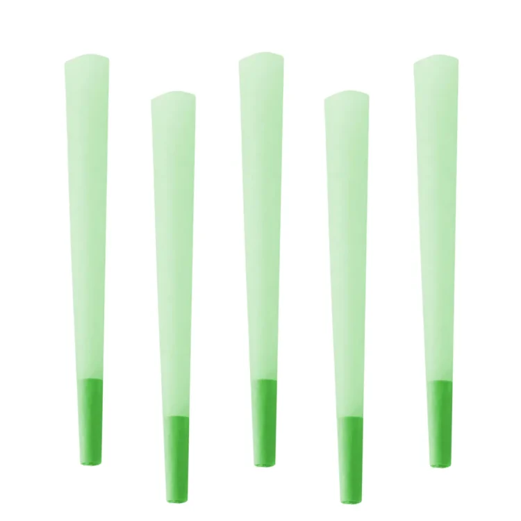 Fem løse grønne kegler præsenteres i en ensartet rækkefølge. Keglerne har en glat overflade og en lys grøn farve, der varierer i nuance. De er konisk formede med en bred bund, der smalner mod toppen. Hver kegle har en tydelig struktur, som giver et strømlinet og moderne udtryk. Placeringen fremhæver deres ensartede størrelse og form.