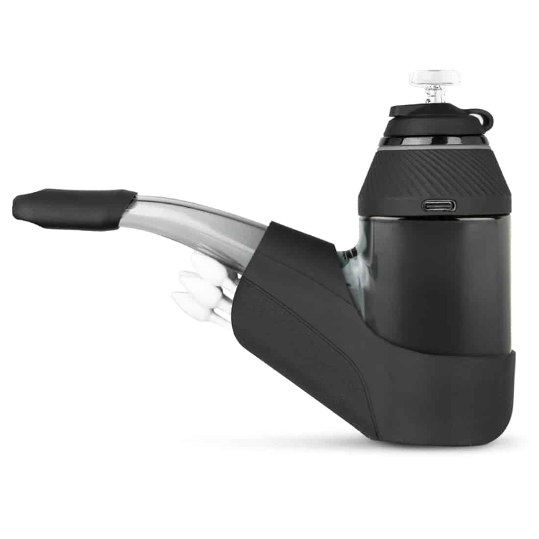 En sort opbevaringsetui med en glat overflade, der har en let struktureret tekstur. Etuiet har en lynlås i metal, som er placeret langs kanten. Indeni ses en skumindlægning med præcise udsparinger til enheder og tilbehør. Farverne spænder fra sort til grå nuancer, og der er en diskret logo- eller symboldetalje. Etuiet har en kompakt, rektangulær form.