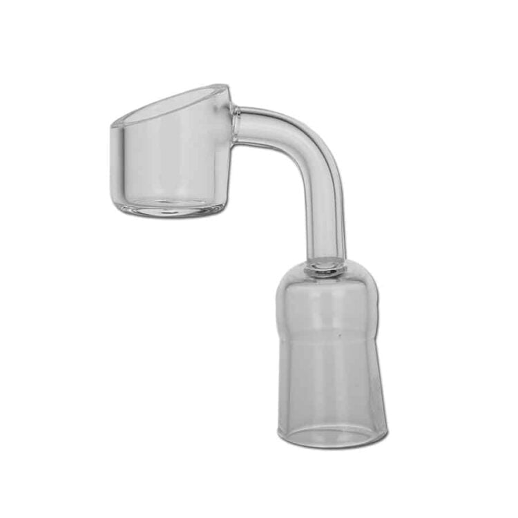 En transparent banger i klart glas præsenterer sig med en glat overflade og en let buet form. Den har en SGE-19F forbindelse og en bred åbning for optimal brug. Overfladen reflekterer lys, hvilket fremhæver dens klare struktur. Ingen synlige mærker eller teksturer forstyrrer det enkle design, som er præcist udført med fokus på funktionalitet.