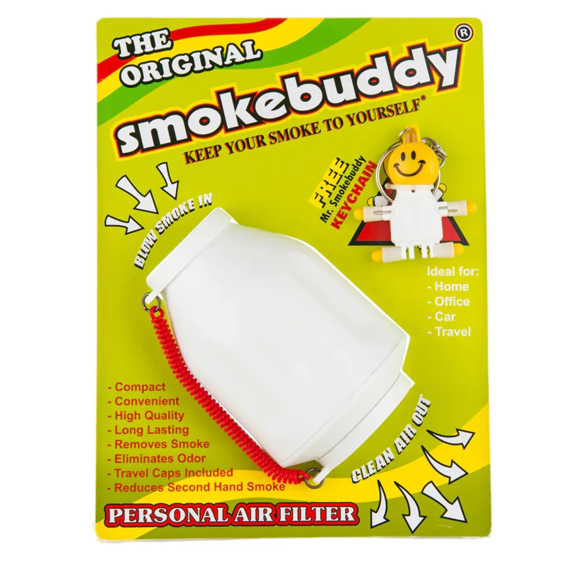 Smokebuddy er en kompakt, cylindrisk enhed i hvid plast med en glat overflade. Den har en skruehætte i den ene ende, der muliggør nem påfyldning. Overfladen er enkel uden mønstre, og der er en lille, rund ventilationsåbning på siden. Enheden er designet til at være bærbar og diskret, perfekt til personlig brug.