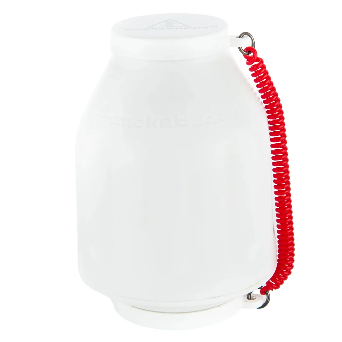 En cylindrisk enhed i hvidt plastmateriale med glatte overflader. Øverst findes en sort gummiprop med et lille håndtag, mens bunden har en bredere åbning. På siden er der en sort label med hvid tekst. Enheden har en simpel, funktionel form uden udsmykninger, hvilket skaber et minimalistisk udtryk.