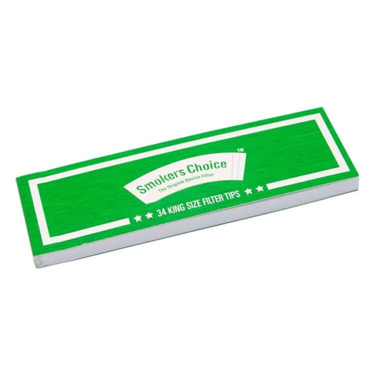 Smokers Choice Green King Size Filtertips-pakken indeholder 34 filtertips, fremhævet med hvid tekst og en kant på pakken.