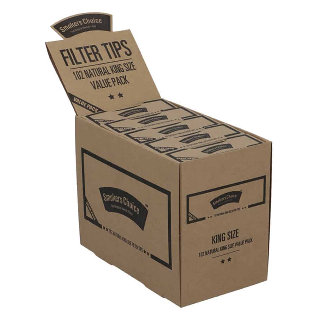 Seks pakker med naturpapir pryder layoutet, hver med en stribet, brun farve og en mat overflade. Hver pakke indeholder en king-size størrelse, fremhævet med hvid tekst i kontrast til den brune baggrund. Pakkerne er arrangeret i en let overlejring, hvilket giver en struktureret og organiseret fremtoning. Det samlede indtryk er enkelt og funktionelt.