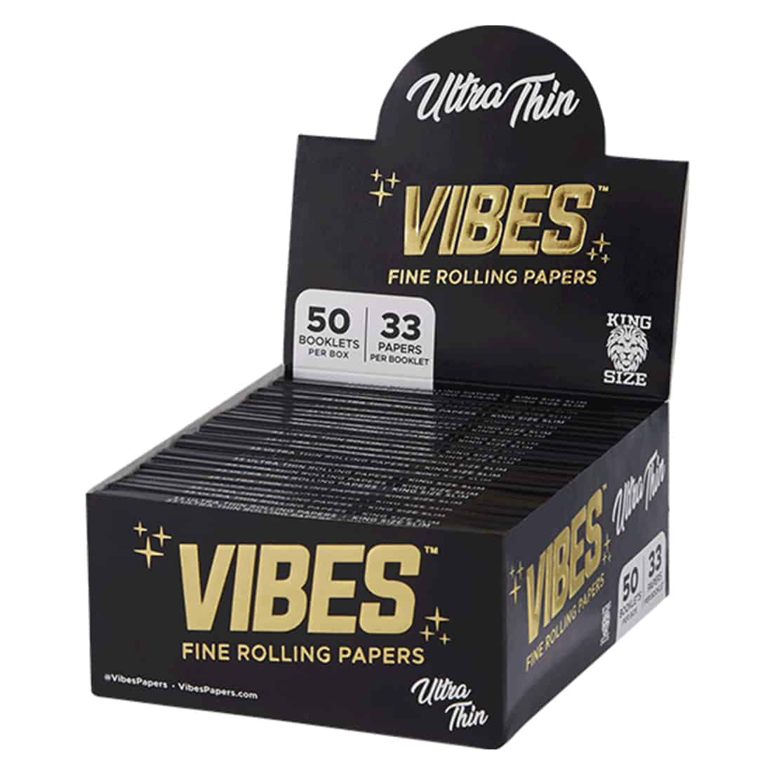 Et pakke papir i en slank, langstrakt form, prydet med en lys, pastelfarvet baggrund. Øverst findes en tydelig, sort tekst med produktnavnet "Vibes Ultra Thin Papers" i en moderne skrifttype. Nederst er der en subtil grafik af papiret, der illustrerer dets tyndhed. Pakken har en mat overflade og er lukket med en klæbende flap.