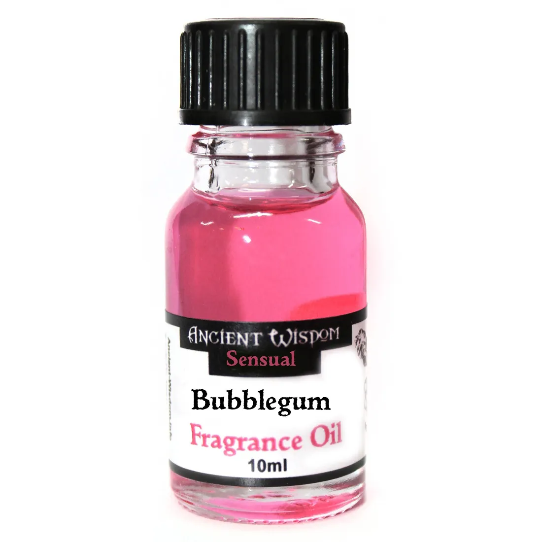 En klar, gennemskinnelig flaske med en mørk, rund kork lukker en gyldent væske inde. Flaskens etiket prydes af en farverig illustration af tyggegummi og indeholder tekst i en moderne skrifttype. Farverne på etiketten inkluderer pink, blå og grøn, hvilket giver et livligt udtryk. Flaskens form er slank og cylindrisk, med en kapacitet på 10 ml.