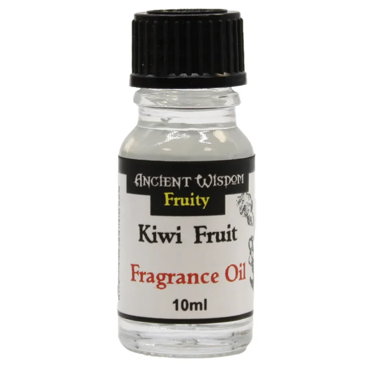 En lille, cylindrisk flaske med en dyb grøn farve og en sort skruelåg. Flasken er fremstillet af glas og har en glat overflade, der reflekterer lyset let. På flaskens front er der en etikette med hvid tekst, der angiver "Ancient Kiwi" samt oplysninger om indholdet. Flaskens størrelse er kompakt, ideel til opbevaring.