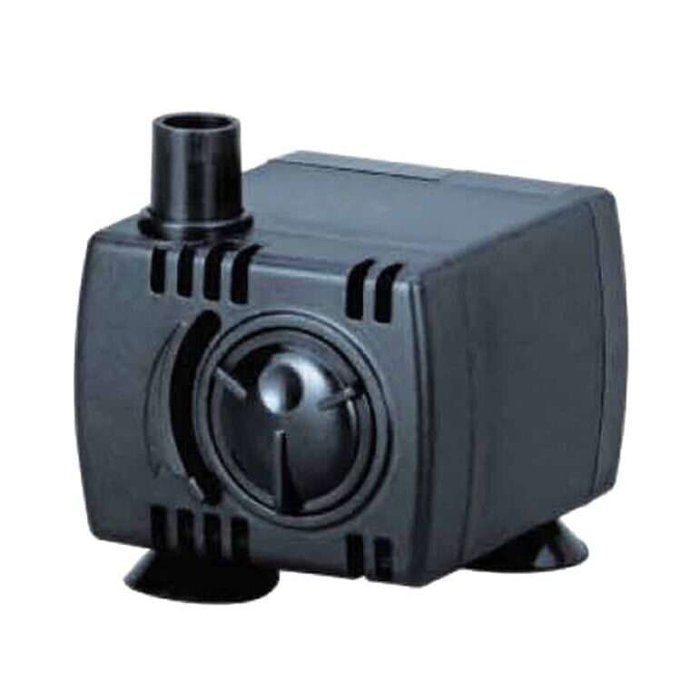 En justerbar vandpumpe præsenterer sig med en robust, sort plastikramme og en slank, cylindrisk form. Pumpens front har en gennemsigtig, oval tilslutning til slanger. Overfladen er glat med synlige, præcise knapper og indikationer. En sølvfarvet skruemekanisme til justering er placeret på siden, mens en vandtæt ledning strækker sig fra pumpens base.