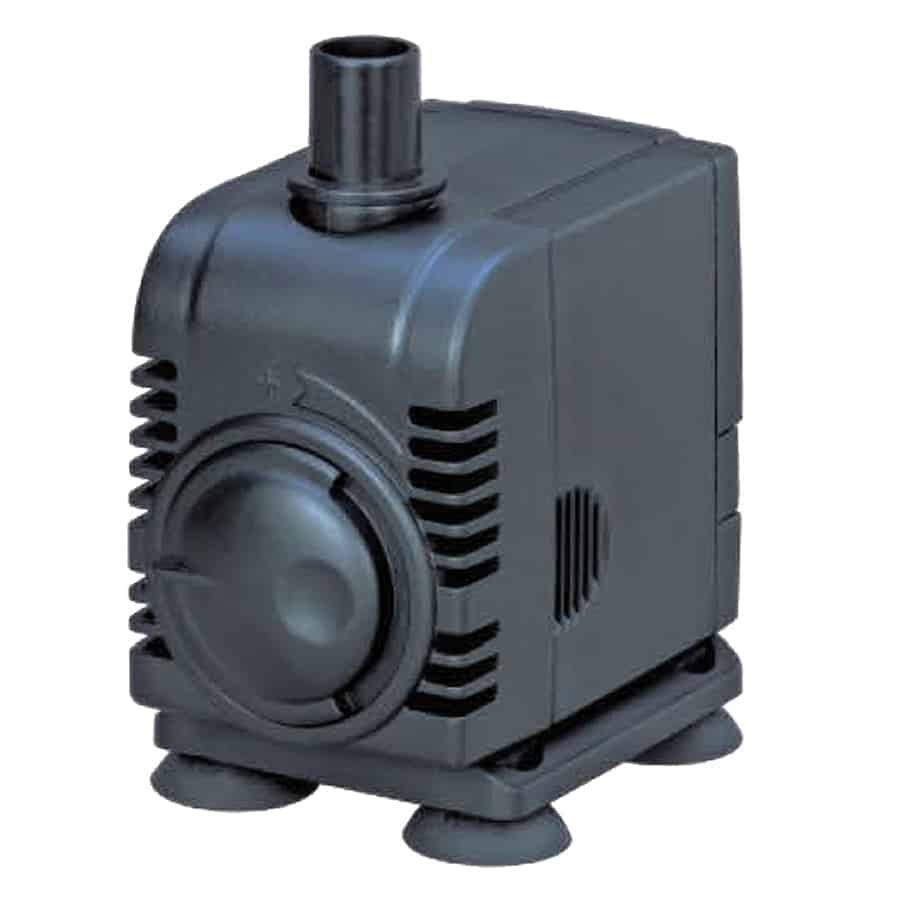 En justerbar vandpumpe præsenteres med en kompakt, sort plastikramme og grå detaljer. Pumpens krop har en glat overflade med runde kanter og en indgang til slange ved bunden. En tydelig justeringsknap i samme grå farve sidder på siden. Pumpehjulet er synligt gennem en gennemsigtig sektion, hvilket afslører det indre mekanisme.