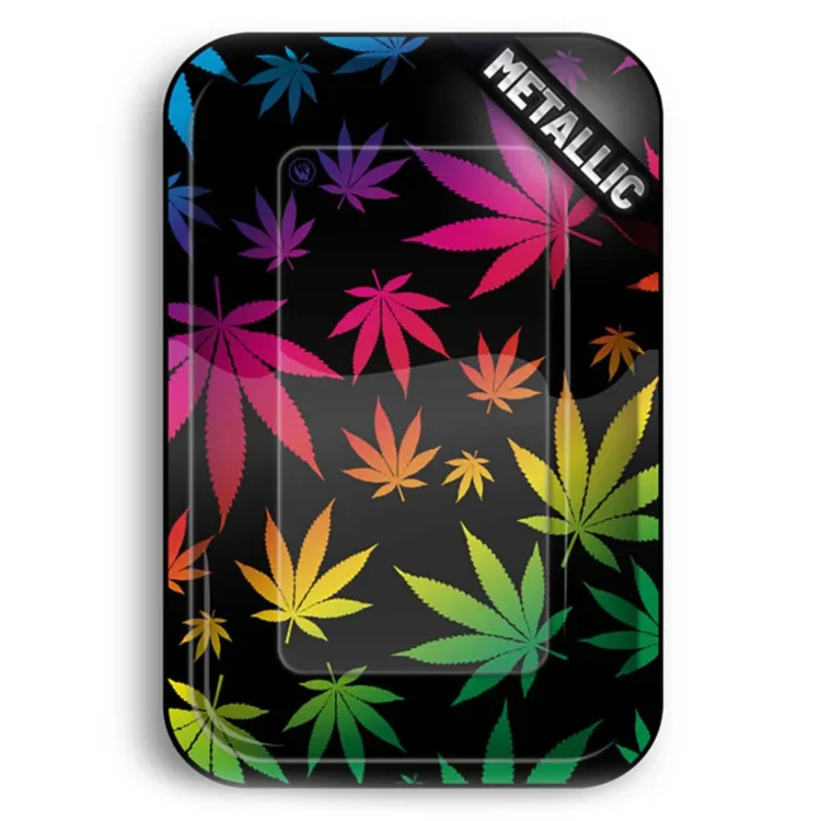 En rektangulær bakke med mål på 275 x 175 mm præsenterer et farverigt gradientmønster af grønne og lyserøde nuancer, der skaber en blød overgang mellem farverne. Overfladen er glat og reflekterer lys, mens kanterne er let afrundede. Bakken har en subtil tekstur, som tilføjer dybde til designet, og der er ingen synlige knapper eller symboler.