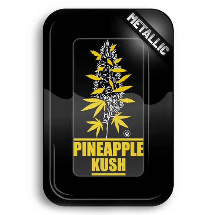 En rektangulær metalbakke præsenteres med en mat overflade i grønne og gule nuancer, der danner et tropisk ananasmønster. Bakken måler 275 x 175 mm og har afrundede hjørner. Kanten er let hævet, hvilket giver en diskret ramme. Mønsteret viser detaljerede blade og frugter, der skaber en livlig og farverig effekt.