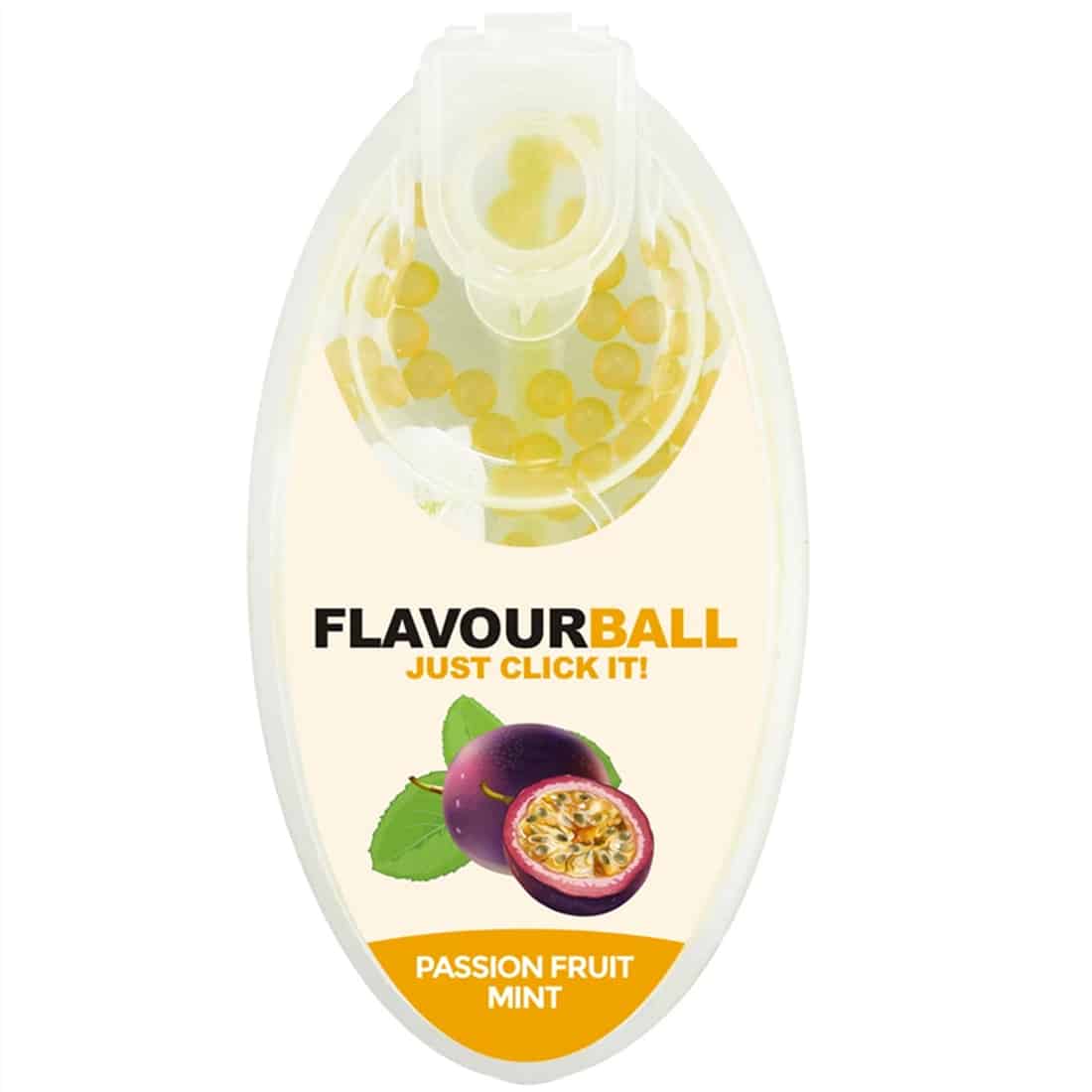 En rund, gennemsigtig kugle med et klart ydre, indeholdende en gylden, uigennemsigtig væske. Kuglens overflade reflekterer lys og skaber glimt. Den har en lille, sort knap i toppen, der åbner for at frigive indholdet. Mønstret på kuglens overflade er glat, og den er placeret på en lys, neutral overflade, der fremhæver dens farver.