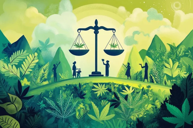 Et hvidt banner pryder en lys baggrund, med teksten "Legaliserer, afkriminalisere eller fortsat ulovligt" printet i store, sorte bogstaver. Under teksten er der en grøn, stiliseret cannabisplante, der tilføjer et visuelt fokus. Bannerets kanter er let bølgede, hvilket giver det en dynamisk fremtoning. Baggrunden er ensfarvet, hvilket fremhæver tekstens skarphed.