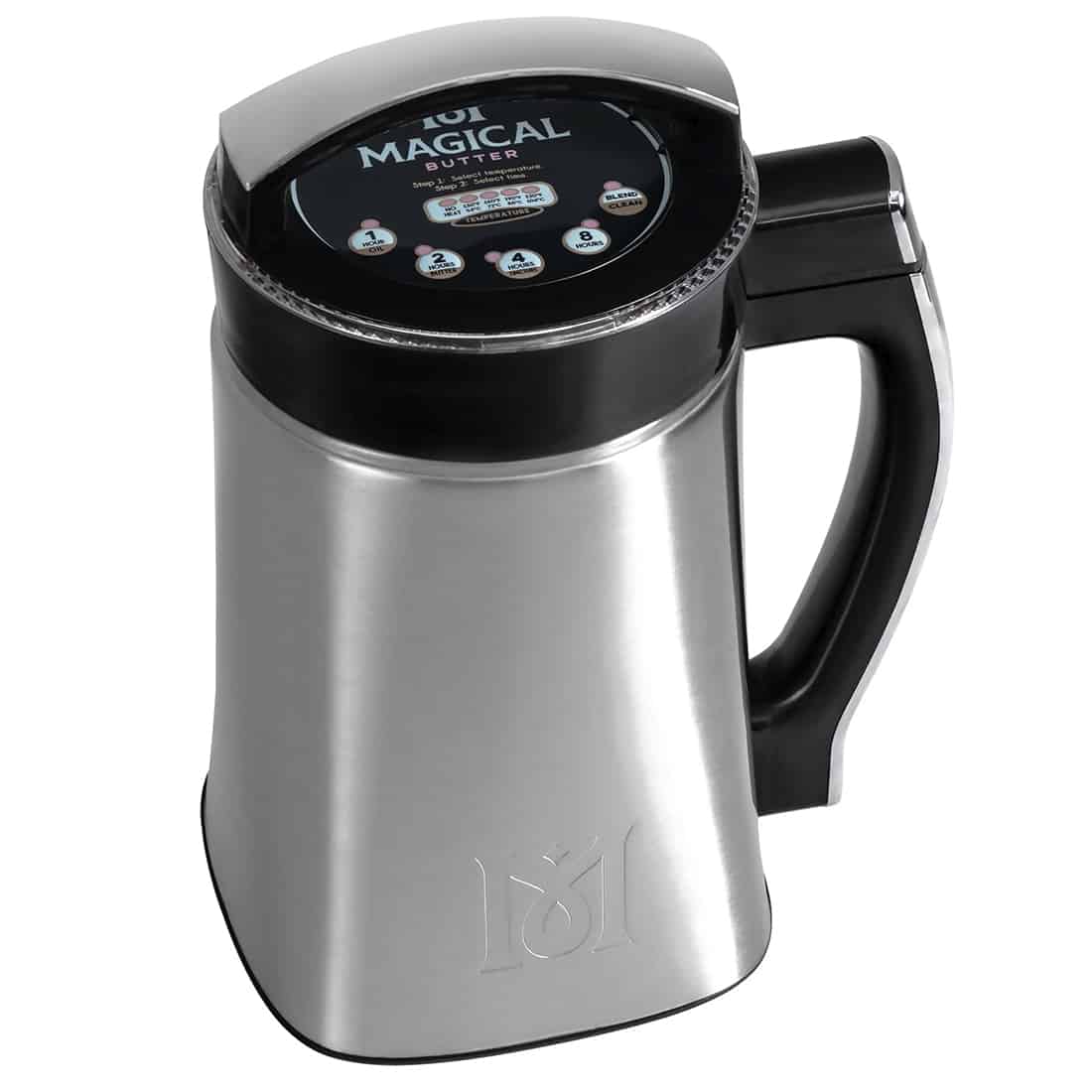 En kompakt, hvid enhed pryder en sort overflade, med en slank, buet top. Foran sidder et digitalt display, der viser tal og symboler. Under displayet findes to knapper i matchende hvid, der skaber kontrast til den matte overflade. Et lille, gennemsigtigt låg er synligt, og en tekstur i form af små skridser dækker en del af enhedens krop.