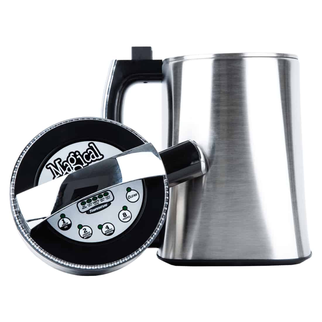 En kompakt enhed i stål og plast med en glat, mat overflade. Fronten har en stor, rund knap med en digital skærm, der viser tal og ikoner. På siden er der en vandbeholder med en gennemsigtig indikation af væskeniveau. Maskinens design er strømlinet med bløde kurver og en neutral farvepalet, der inkluderer grå og sort.