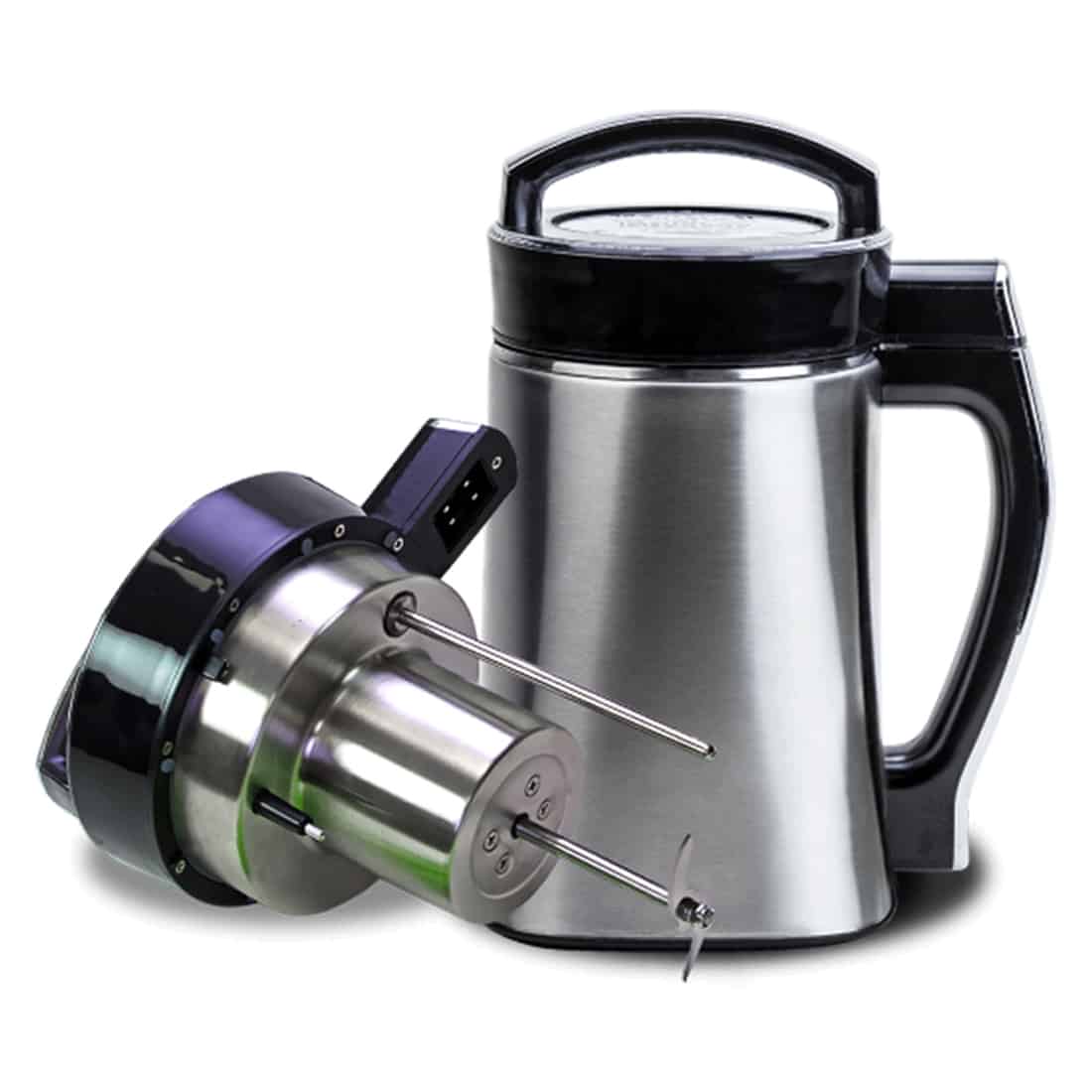 Magical Butter MB2E-maskinen præsenterer sig med en kompakt, cylindrisk form i en mat, sølvfarvet finish. Fronten har en digital skærm med mørk baggrund og hvide tal, mens der er en stor, rund knap i midten, omkranset af en let hævet kant. Maskinens side har en stilren, glat overflade, der giver et moderne udtryk.