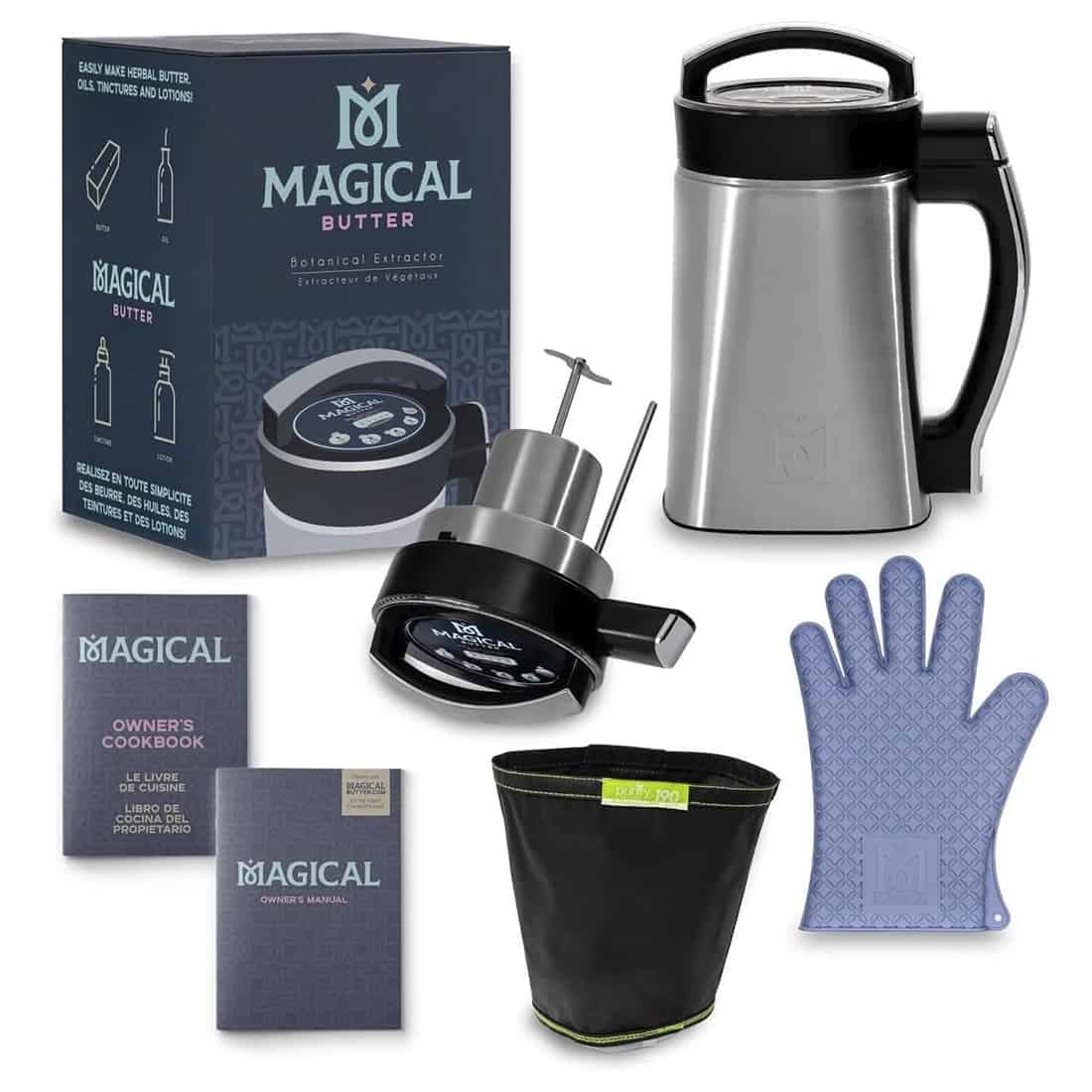 En kompakt, elektrisk apparat med en glat, sølvfarvet metaloverflade pryder fronten. Den har en rektangulær form og en buet top. Et tydeligt kontrolpanel med flere knapper i sort og grønt sidder på forsiden. En transparent beholder med en rund bund og skridsikker tekstur er placeret ovenpå, hvilket giver et funktionelt og moderne udseende.